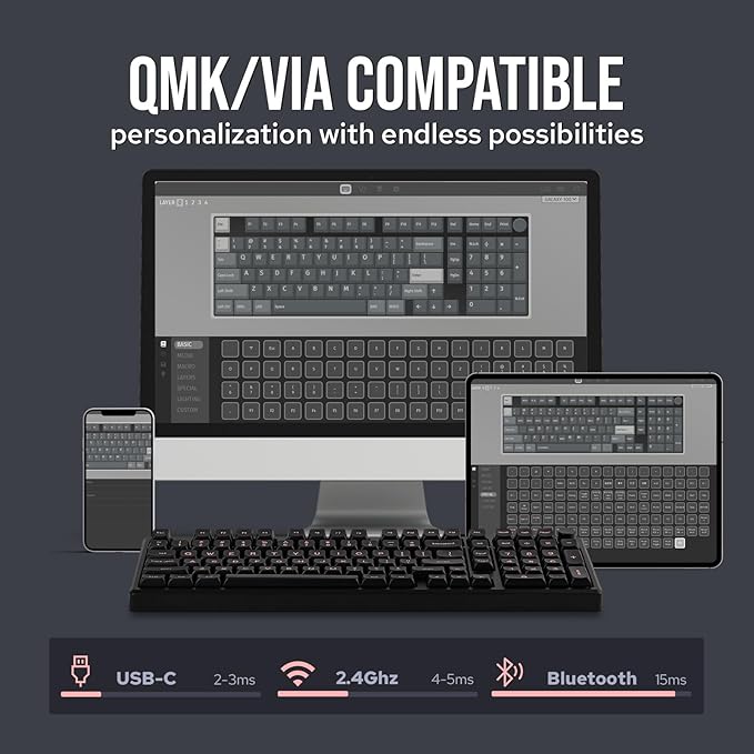 EPOMAKER Galaxy100 QMK/VIA Wireless Gaming Keyboard, Aluminum Shell, Bluetooth/2.4Ghz/USB-C, Pre-Lubed Hot-Swappable Linear Switches, NKRO, RGB Backlit (Black, Marble White Switch)