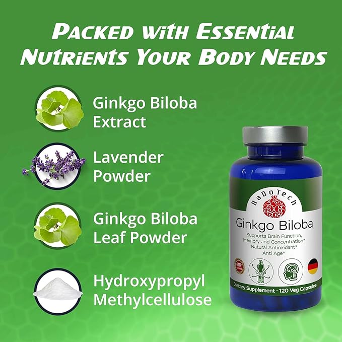 Ginkgo Biloba Support Brain Function, Supplements for Memory and Focus, Natural Antioxidant-Rich, Promotes Overall Health, 120 Vegetarian Capsules, GMP, 120 Count (Pack of 3)