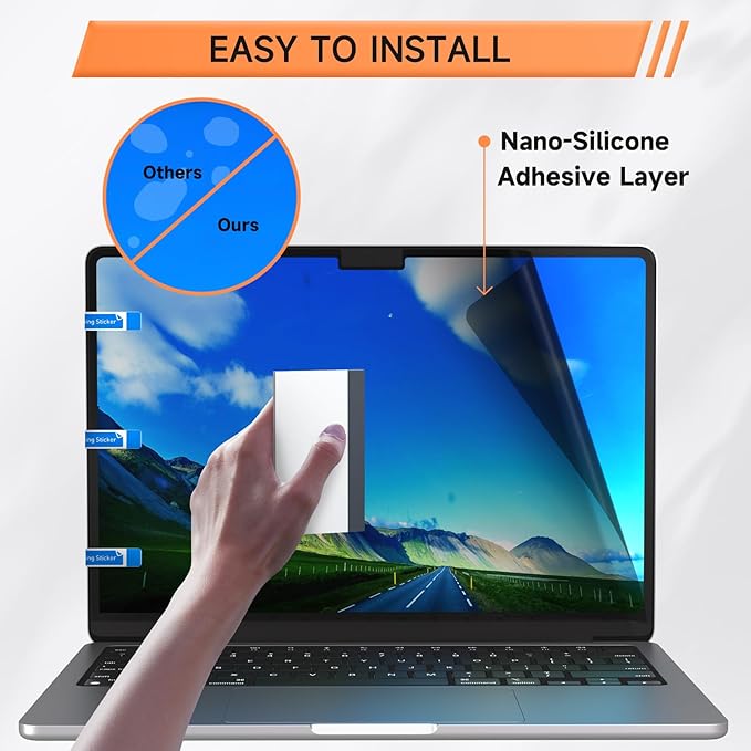Privacy Screen for MacBook Pro 14 Inch (2021-2024, M1, M2, M3, M4, Pro, Max), Matte Anti Glare Blue Light Filter, Nano No Glue Anti Spy Black Protector for Mac Pro 14In Laptop Computer