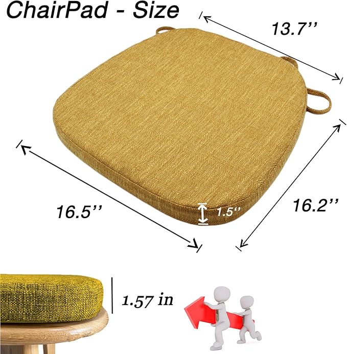 Chair Pads for Dining Chairs - Memory Foam Non Slip Kitchen Chair Cushion and Seat Cushion with Machine Washable Cover [16.5 x 16.2 Inches] - Yellow