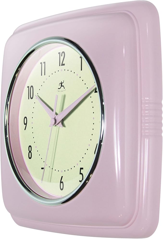 Infinity Instruments Square Retro Wall Clock, Pastel Pink, 9.25"