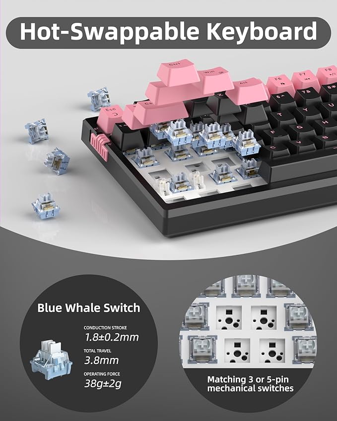 MageGee SKY98 Wireless Gasket Mechanical Gaming Keyboard, 96% Hot Swappable RGB Custom Creamy Keyboard with 5-Layer Sound Padding, BT/2.4G/USB-C, NKRO for Win/Mac (Pink & Black, Blue Whale Switch)