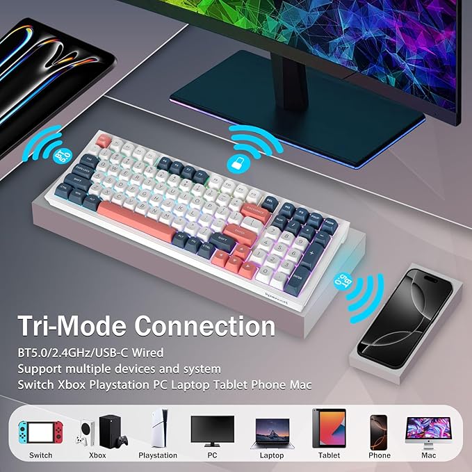 Redragon K723 Wireless Mechanical Gaming Keyboard, Hot Swappable Pre-lubed Linear Switches, Gasket Design, Bluetooth/2.4GHz/USB-C, Creamy Sound, RGB Backlit for PC/Mac/PS/Xbox, White Blue