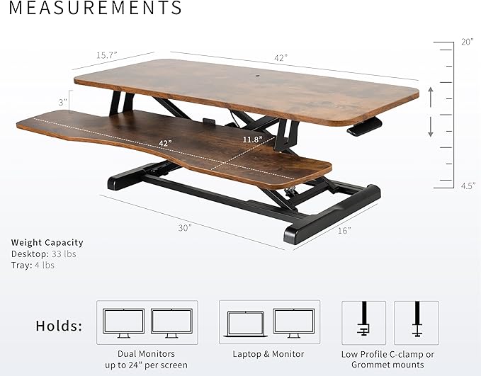 VIVO 42 inch Desk Converter, K Series, Height Adjustable Sit to Stand Riser, Dual Monitor and Laptop Workstation with Wide Keyboard Tray, Rustic Vintage Brown Top, Black Frame, DESK-V042KN