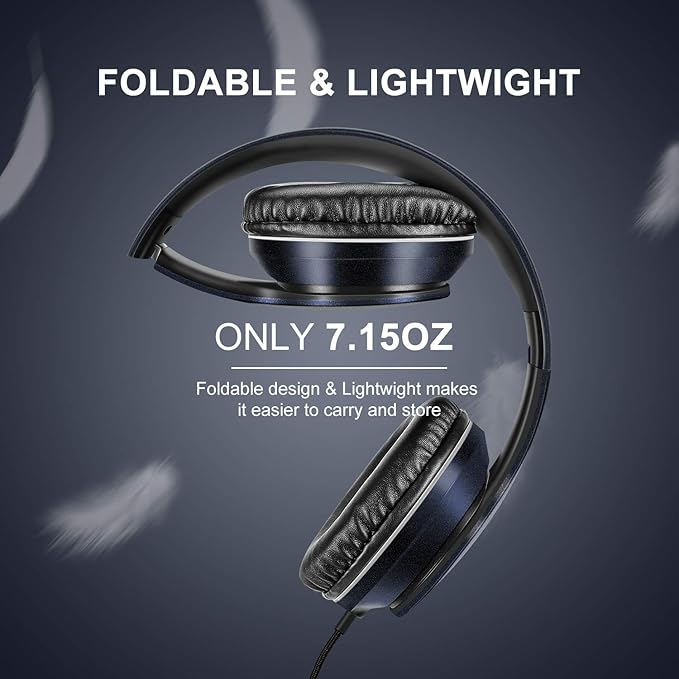LORELEI X6 Over-Ear Headphones with Microphone, Lightweight Foldable & Portable Stereo Bass Headphones with 1.45M No-Tangle, Wired Headphones for Smartphone Tablet MP3 / 4 (Dark Blue)