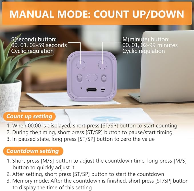 GuDoQi Multi-Function Cube Timer, 5/10/30/60 Min & Custom Count Down, Included Pause & Resume Feature, Silent, Vibrate & Adjustable Sound Alarm for Productivity in Tasks, Study & Kitchen, Purple