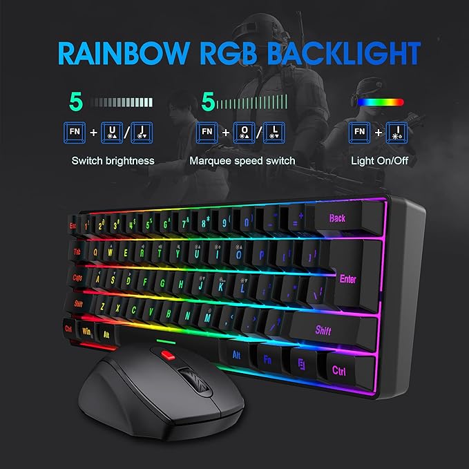 Snpurdiri 60% Wireless Gaming Keyboard and Mouse Combo, Include 2.4G Small Mini 60% Merchanical Feel Keyboard, Ergonomic Design Vertical Feel Wireless Mouse