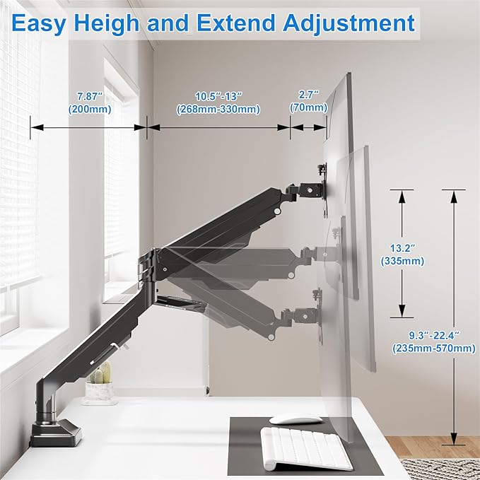 Single Monitor Mount for Max 43", Premium Monitor Arm Hold up 2.2-33lbs Ultrawide Computer Screens, Full Motion Gas Spring Heavy Duty Desk Mount Adjustable VESA Mount 75x75/100x100mm
