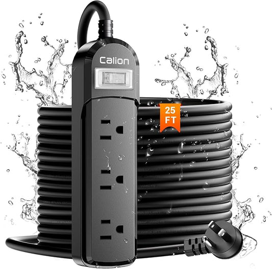 IPX6 Outdoor Power Strip Weatherproof, 25 FT SJT 16AWG Extension Cord 3 Wide Outlets 1875W Overload Protection, Waterproof Surge Protector for for Office, Dorm, Patio, Garden, Home, Christmas Lights