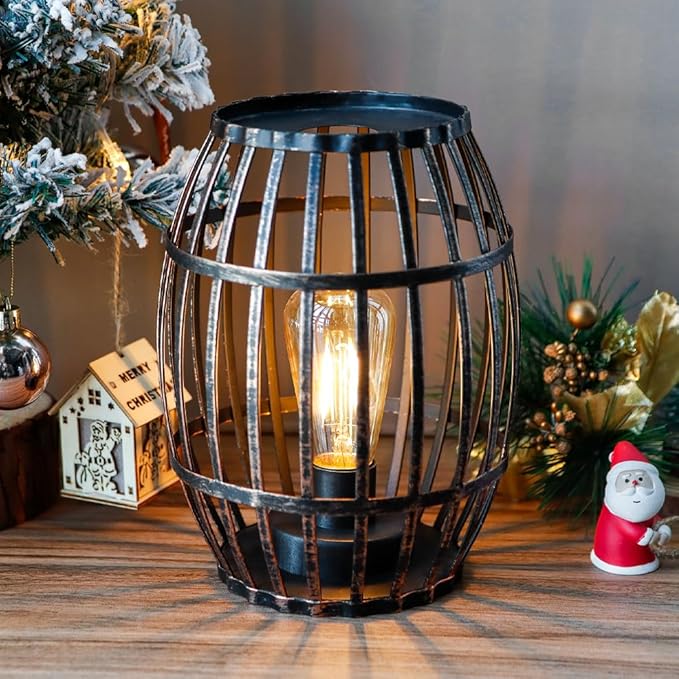 JHY DESIGN Decorative Table Lamp Battery Powered 8“H Cordless Metal Wine Cork Holder Lamp with 6-Hour Timer for Tabletop Home Patio Dining Room Living Room(Black Brushed Gold)