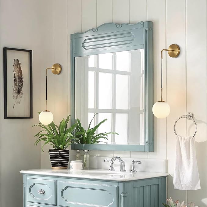 BOKT Frosted White Glass Wall Sconce Mid Century Modern Globe Ball Wall Light Brushed Brass Gold Adjustable Wall Sconce Lighting Industrial Vanity Bathroom Wall Lamp (Gold+White)