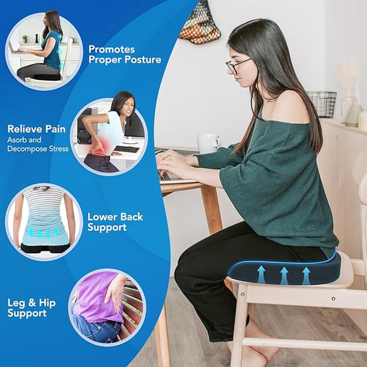 Seat Cushion & Lumbar Support Pillow for Office Chair, Car, Wheelchair Memory Foam Desk Chair Cushion for Sciatica, Lower Back & Tailbone Pain Relief Desk Pad with Adjustable Strap 3D Washable Cover