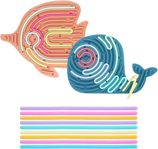 2 Pack Double-Sided Silicone Sensory Fidget Toy with 20 Random-Color Strings, Sensory Activity Board for Kids and Adults with Autism, ADHD, Silent, Stress Relief, Calming, Focus, Gift for Girls Boys