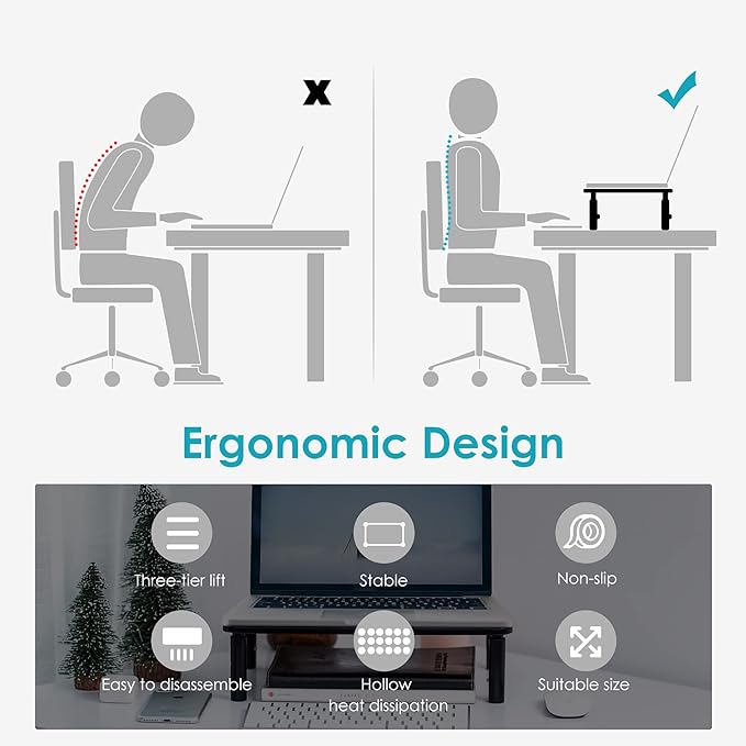 TV/Monitor Riser Desktop Stand, Flat Screen, Sturdy Metal Laptop Computer Shelf for Printer, iMac, 3 Height Adjustable PC with Mesh Platform , 2 Pack