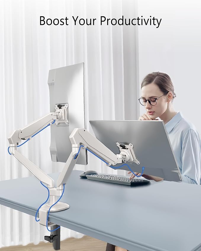 Dual Monitor Mount for 2 Screens up to 32 Inch and 19.8 lbs, Fully Adjustable Gas Spring Monitor Arm Desk Mount, Vesa Monitor Mount with C Clamp, Grommet Base, Aluminum, White