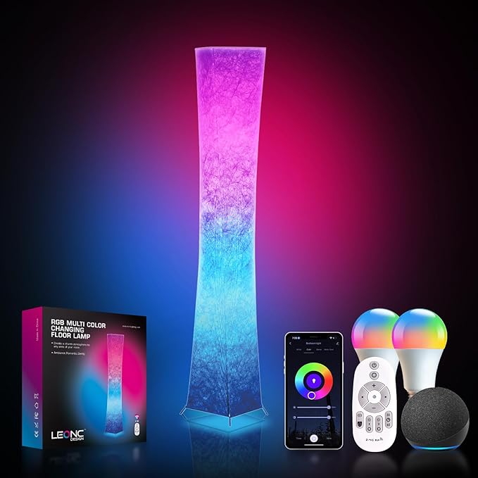 LEONC Floor Lamp with Remote, Tuya Smart 9W×2 Bulbs Included, 61" Smart Modern Floor Lamp with Alexa, Music Sync and 16 Million DIY Colors, RGB Color Changing Standing Lamp for Bedroom Living Room