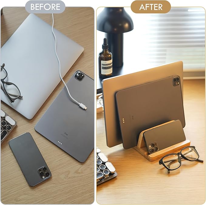 Vertical Laptop Stand for Desk, Double Stand Holder with Adjustable Dock 0.98" to 1.77", Fits All MacBook/Surface/Samsung/HP/Dell/Chrome Book, Natural Bamboo