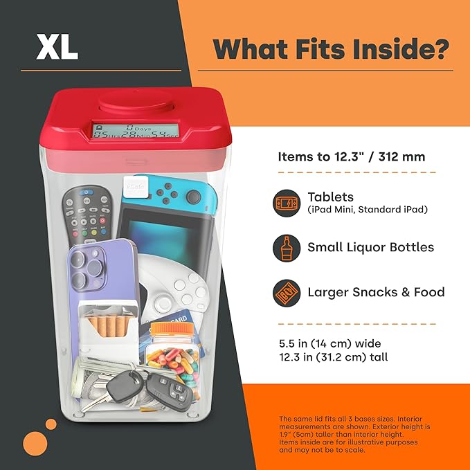 kSafe Time Locking Container XL – Tech Lock Box for Tablets, Game Controllers, Large Snack Bags, BPA-Free Plastic, No Overrides, 5.5” W x 10.4” L, White Lid, Clear Base