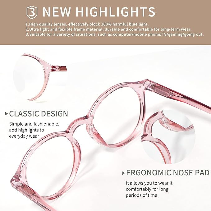 Blue Light Blocking Glasses Round Retro Computer Gaming Glasses Women Men UV Protection AB3303 (Pink)