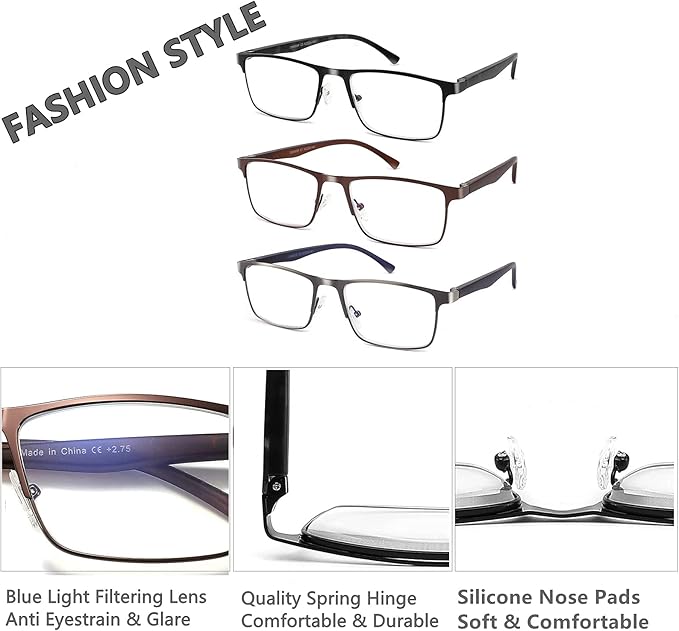 CRGATV 3-Pack Reading Glasses for Men Blue Light Filtering Full Frame Metal Readers Anti Uv/Eye Strain/Glare