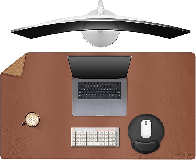 MAIDERN 40” x 24” Leather Desk Pad, Reversible Large Desk Mat, Cork & Leather Large Mouse pad for Desk, Waterproof Computer Desk Pad for Gaming Home Office (Brown)