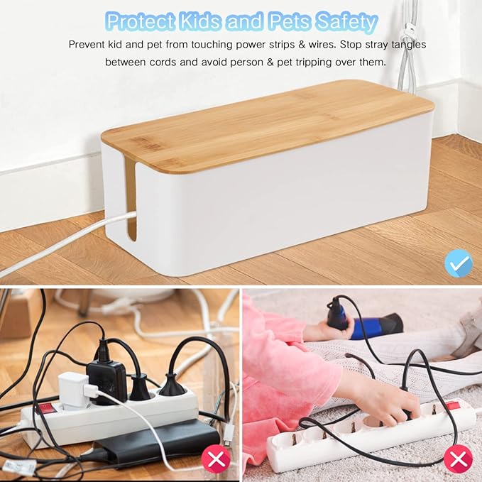 Cable Management Box Organizer, Set of 3 Bamboo Lid Storage Wires Holder to Cover Hide Surge Protector, Power Strips & Cords- with 5 Cables Fastening Tapes for Home, Office, Desk, PC, TV, USB Hub