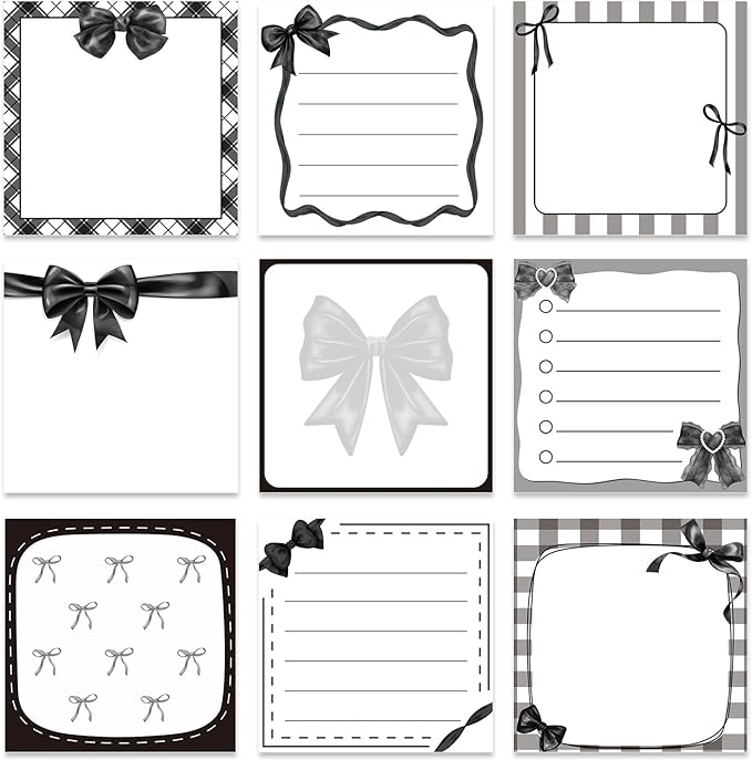 Black Bow Sticky Notes Gifts - 9 Pack Black Bow Sticky Notepads 3x3 Inch, Cute Bowknot Self-Adhesive Memo Pad Gifts for Girls Women, Gothic Office School Supplies (450 Sheets)
