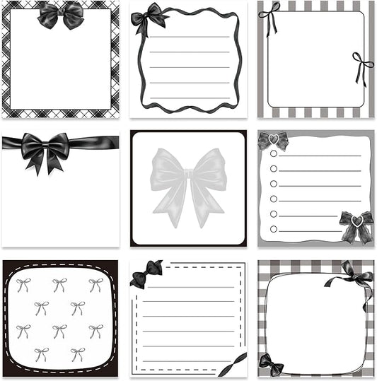 Black Bow Sticky Notes Gifts - 9 Pack Black Bow Sticky Notepads 3x3 Inch, Cute Bowknot Self-Adhesive Memo Pad Gifts for Girls Women, Gothic Office School Supplies (450 Sheets)