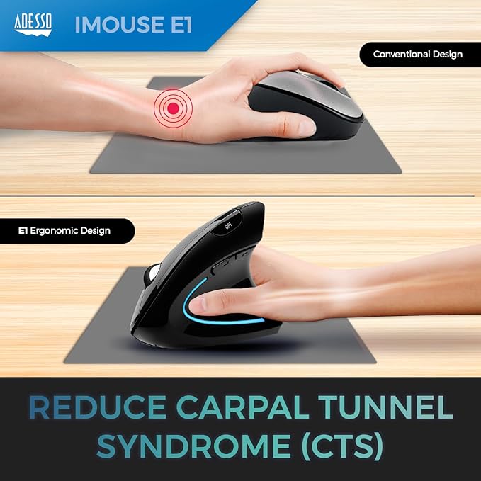 ADESSO Wired Vertical Ergonomic Illuminated Optical 6-Button USB Mouse - Right Hand Orientation, Black