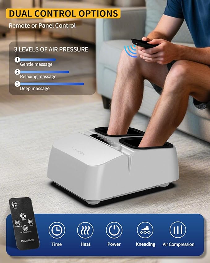 MOUNTRAX Foot Massager Machine with Heat, Foot Massager for Plantar Fasciitis, Neuropathy Pain, Shiatsu Foot Massager with Remote, Fits Feet Up to Men Size 12 (White)