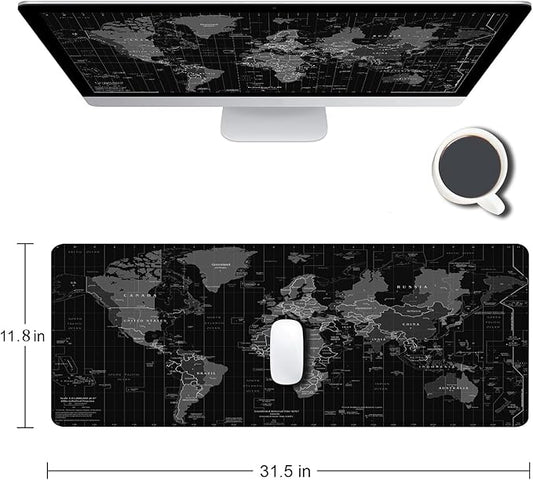 Large Gaming Mouse Pad with Stitched Edges, Desk Mat Extended Keyboard Pad, Non-Slip Rubber Base Desk Pad for Laptop, Office, Home, 31.5X11.8 inch Black World Map