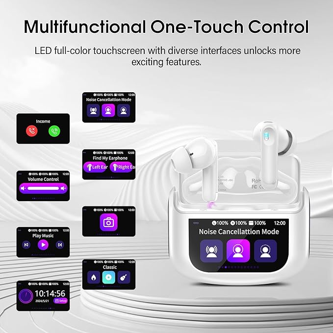 Wireless Earbuds, Bluetooth 5.4 Headphones Multi-Function Touch Screen with 5 EQ Modes, 48H Ear Buds Bass Stereo with ANC Noise Cancelling/Transparency Mode, IPX7 Bluetooth Earbuds, Ivory White