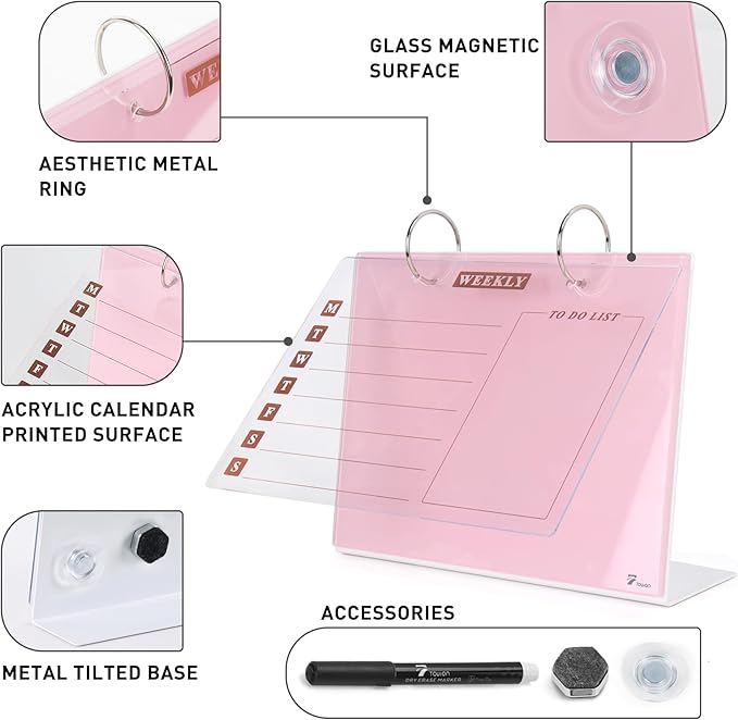 Desktop Glass Dry Erase & Acrylic Aesthetic Desk Calendar Weekly to-do List Combo, Small Magnetic Standing Whiteboard, Desk Flip Easel Calendar with Accessories for Home Office Supply, Pink, 9 x 7''