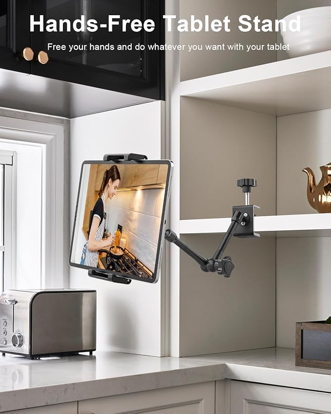 Kitchen Cabinet Tablet Mount - [Metal Adjustable Arm] Under Counter Tablet Holder for Desk Bed Stand with 1.26" Depth Large Clamp for iPad Pro 13 Air Mini, Galaxy, Fire, Switch, iPhone, 6-15.6" Device