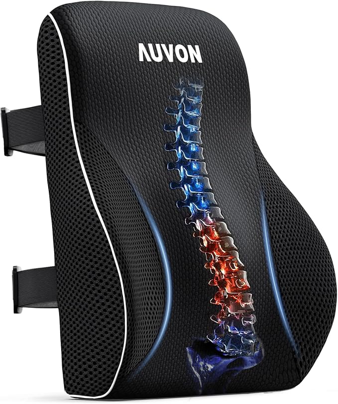 AUVON Lumbar Support Pillow for Office Chair with Patented Bulge for Lower Back Support, Ergonomic Office Home Essentials Improve Posture, Memory Foam Chair Cushion with Straps for Home, Office, Car
