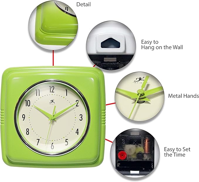 Infinity Instruments Retro Wall Clock – 9-Inch Square Silent Non-Ticking Mid-Century Modern Clock – Vintage Decorative Wall Clock for Kitchen, Office, or Diner – Apple Green