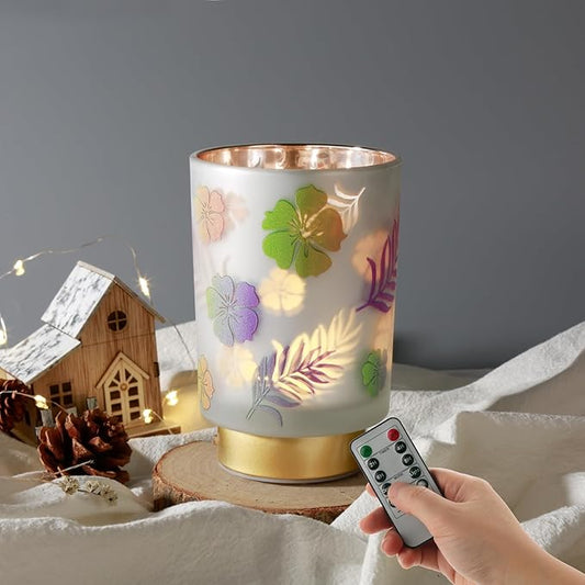 Eywamage Small Battery Operated Table Lamp, Glass Floral Lamp with Remote Timer, Cordless Lamp for Bedroom Living Room Kitchen