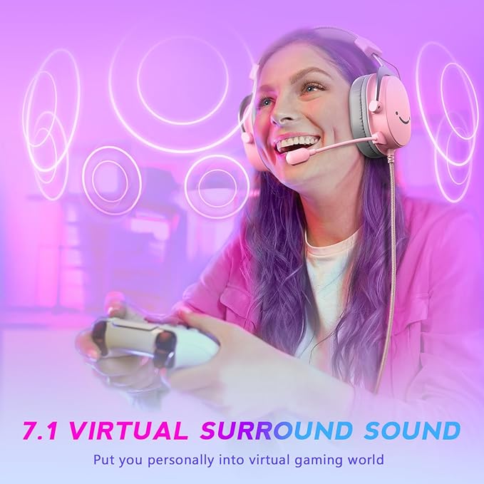 FIFINE USB Gaming Headset, PC Over-Ear Wired Streaming Headset with 3.5mm Jack, Detachable Microphone, 7.1 Surround Sound, Control Box, Passive Noise Cancellation, for PS5/Xbox/Switch-H9 Pink