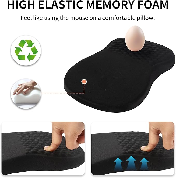 Ergonomic Mouse Pad Wrist Support and Keyboard Wrist Rest, Computer Carpal Tunnel Mouse Pads for Desk with Coaster Set, Memory Foam Mousepad with Non-Slip PU Base for Home Office (Black)