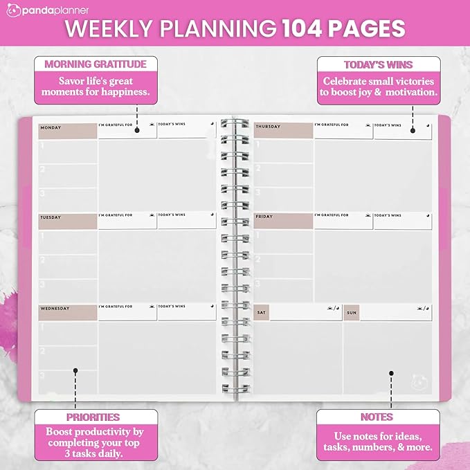 Panda Planner 2025-2026 Undated Weekly Planner, Weekly To Do List Notebook with Spiral Binding - 5.75” x 8.25”, 52 Weeks - Undated Planner with Habit Tracker Notebook for Home, School & Office (Pink)