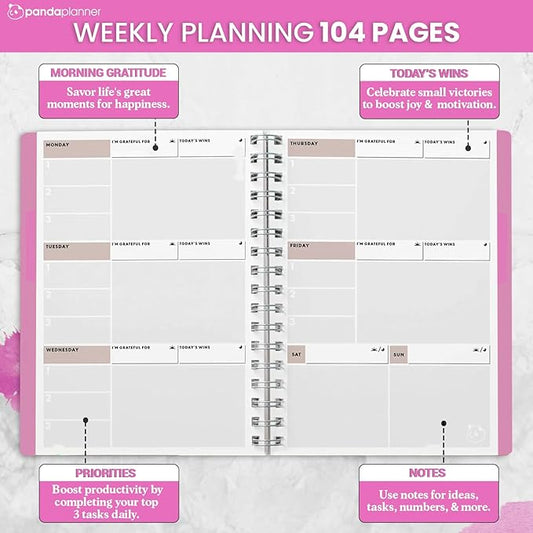 Panda Planner 2025-2026 Undated Weekly Planner, Weekly To Do List Notebook with Spiral Binding - 5.75” x 8.25”, 52 Weeks - Undated Planner with Habit Tracker Notebook for Home, School & Office (Pink)