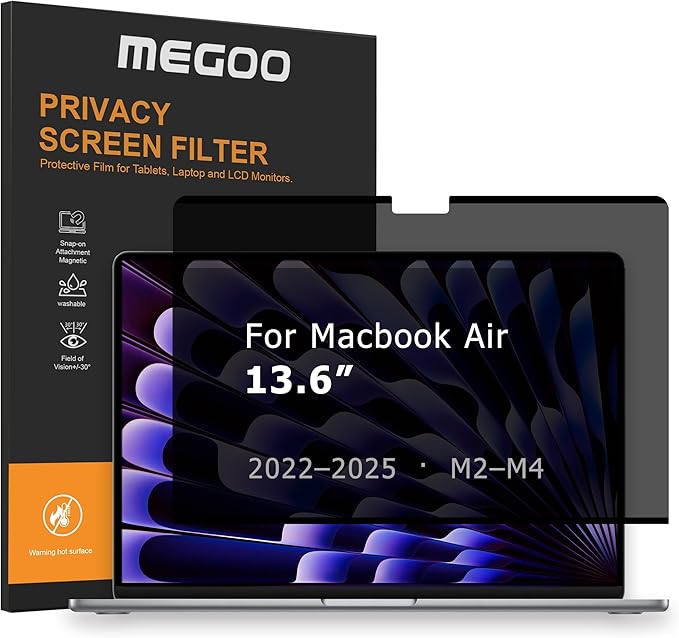 Megoo Magnetic Privacy Screen for MacBook Air 13.6" (A2681-A3113-A3240, 2022–2025), 30° Viewing Angle, Blue Light Filter, Matte Finish, Anti-Glare Eye Protection – Premium Business Protection