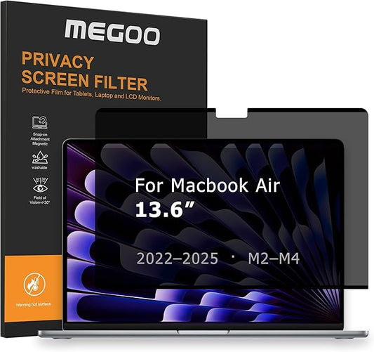 Megoo Magnetic Privacy Screen for MacBook Air 13.6" (A2681-A3113-A3240, 2022–2025), 30° Viewing Angle, Blue Light Filter, Matte Finish, Anti-Glare Eye Protection – Premium Business Protection