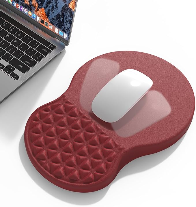 Ergonomic Mouse Pad Wrist Support with Massage Design, Pain Relief Mousepad with Wrist Rest, Memory Foam & Non-Slip PU Base, Red Mouse Pads for Desk, Office & Home