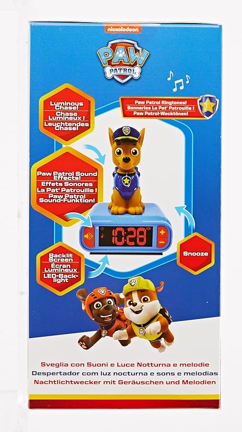 LEXiBOOK - Paw Patrol Chase Digital Alarm Clock with Night Light - Snooze Function - Dog Sound Effects - for Children/Kids - Luminous Clock with Chase, Blue/Red - RL800PA