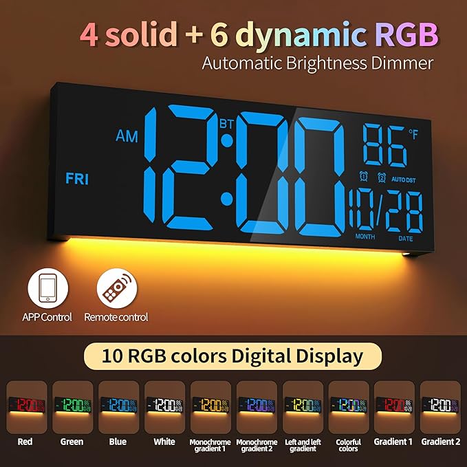16.5" Large LED Wall Clock with Bluetooth Sync, Night Light, DST, 2 Alarms, RGB Color, Temperature, Remote Control, 12/24H, Timer for Living Room, Bedroom, Desk, Gift for Mother Father Elderly