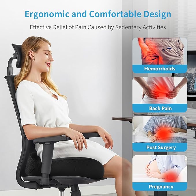 Orthopedic Memory Foam Seat Cushion - Donut Pillow for Tailbone Pain Relief, Sciatica, Hemorrhoids & Postpartum - Office Chair, Car & Home Cushion for Back & Coccyx Support (Black)