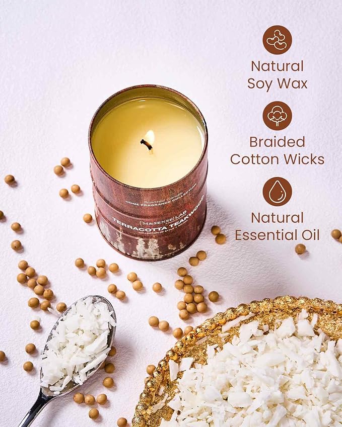 M&SENSE Terracotta Teakwood Scented Candles Natural Non Toxic, Aromatherapy Candle for Stress Relief Meditation Relaxing, Housewarming Gifts for Women Men, 11.3oz 70 Hour Long Burning
