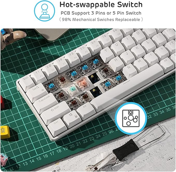 RK ROYAL KLUDGE RK61 Wireless 60% Triple Mode BT5.0/2.4G/USB-C Mechanical Keyboard, 61 Keys, Compact Gaming Keyboard w/Software (Hot Swappable Brown Switch, White)