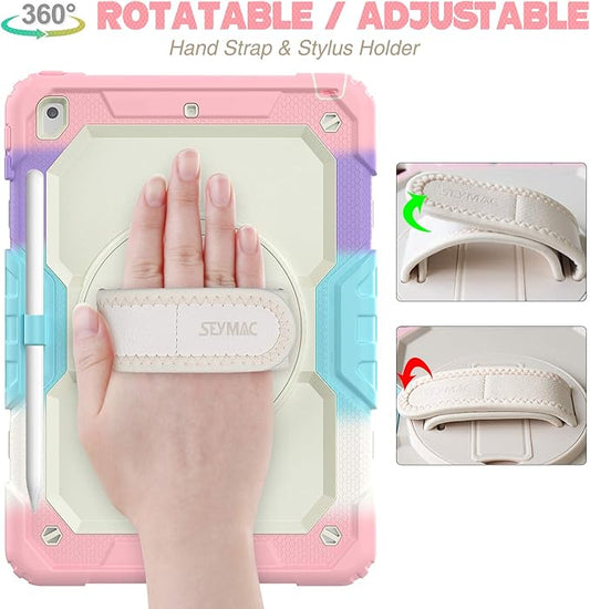 SEYMAC stock Case for iPad 9th/ 8th/ 7th Generation 10.2'', Shockproof with Screen Protector, Pencil Holder [360° Rotating Hand Strap] & Stand, for iPad 10.2 inch 2021-2019 (Yellowish+Pink)